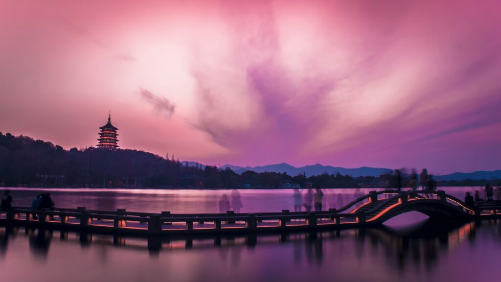 Breathtaking sunset over the historic West Lake, Hangzhou, China